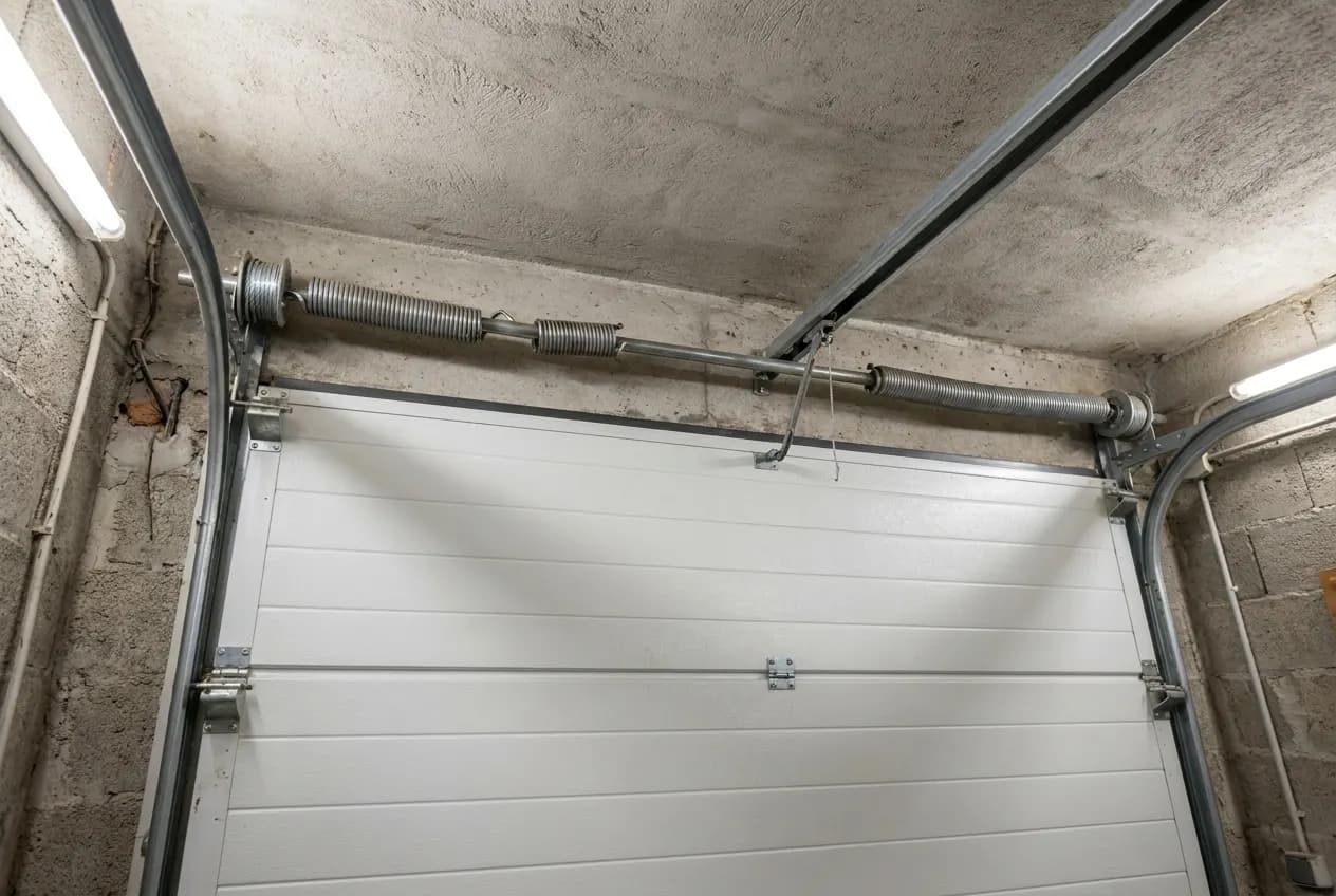 Ressort de torsion cassé au-dessus d’une porte de garage sectionnelle blanche, espace visible entre deux spires