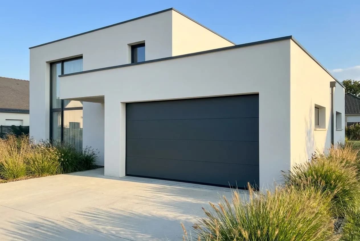 Maison contemporaine blanche à toit plat avec porte de garage sectionnelle gris anthracite lisse fermée