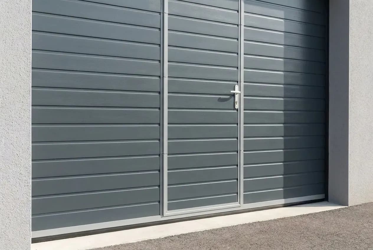 Détail du portillon d’une porte de garage sectionnelle anthracite