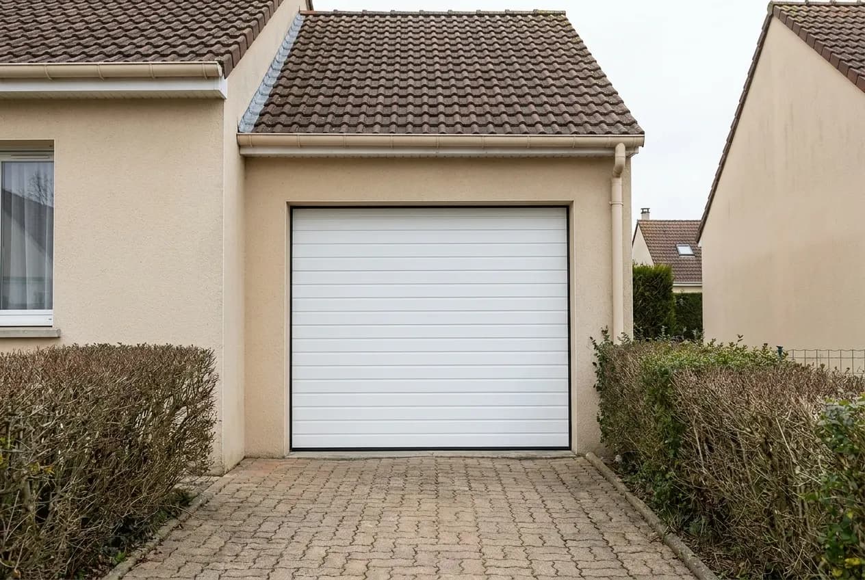 Pavillon avec porte de garage sectionnelle blanche micro-rainurée fermée, vue depuis la rue