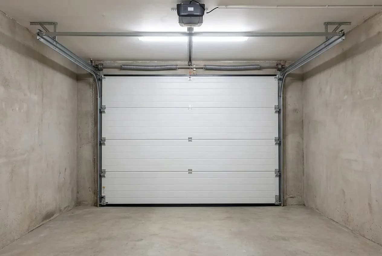 Intérieur d’un garage : porte sectionnelle blanche, rails et moteur plafond