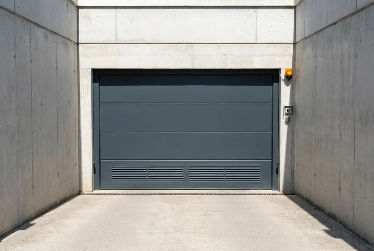 Porte sectionnelle gris anthracite avec grilles de ventilation au pied de la rampe d’un parking souterrain