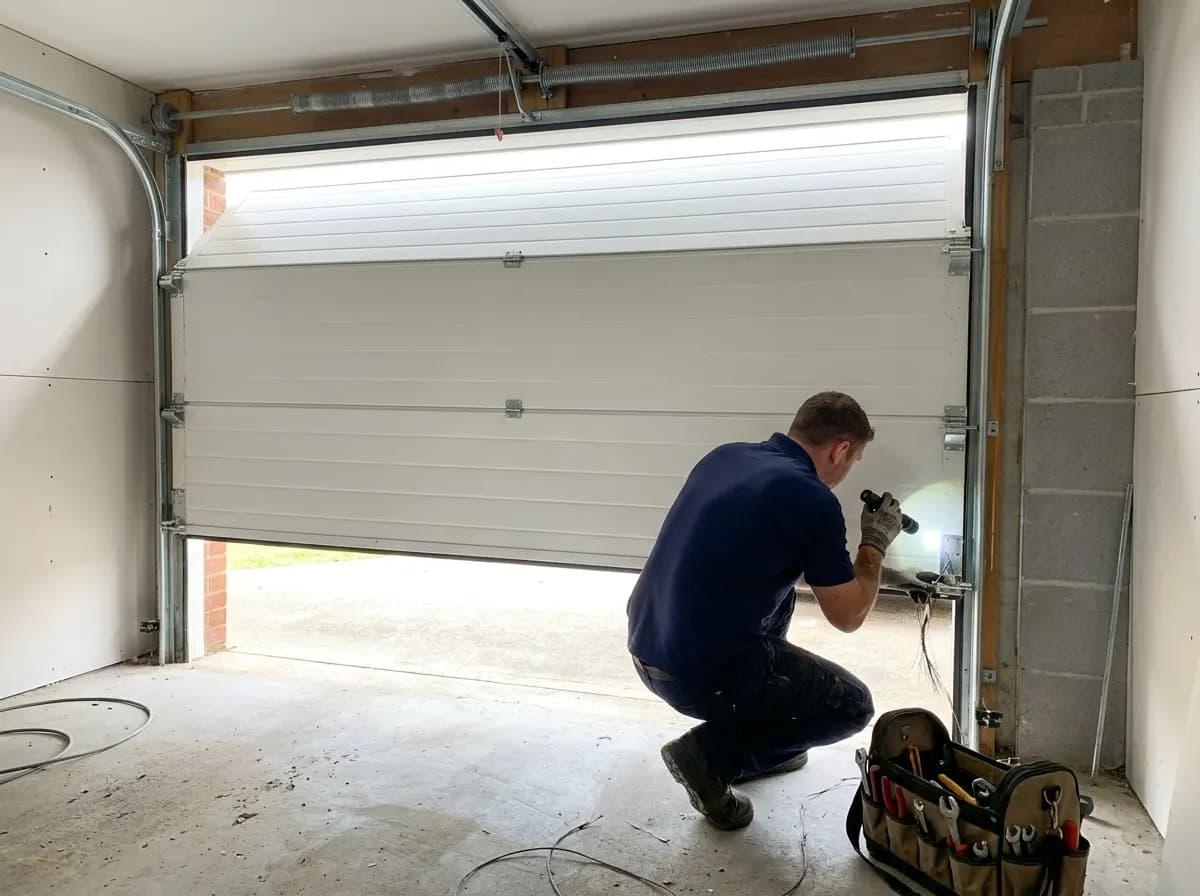 Technicien diagnostiquant une porte de garage sectionnelle bloquée à mi-hauteur