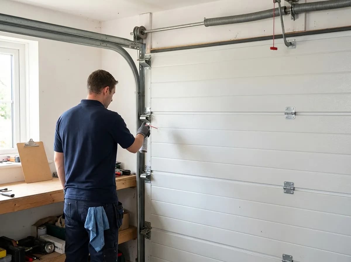 Technicien graissant les charnières d’une porte sectionnelle